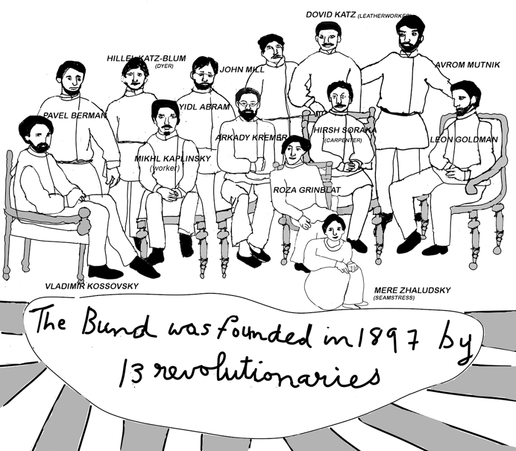 Line drawing of the founders of the bund, Freda Guttman 2025